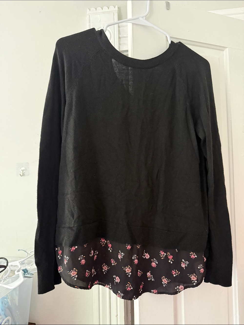 LOFT Black Layered Sweater with Floral Hem
